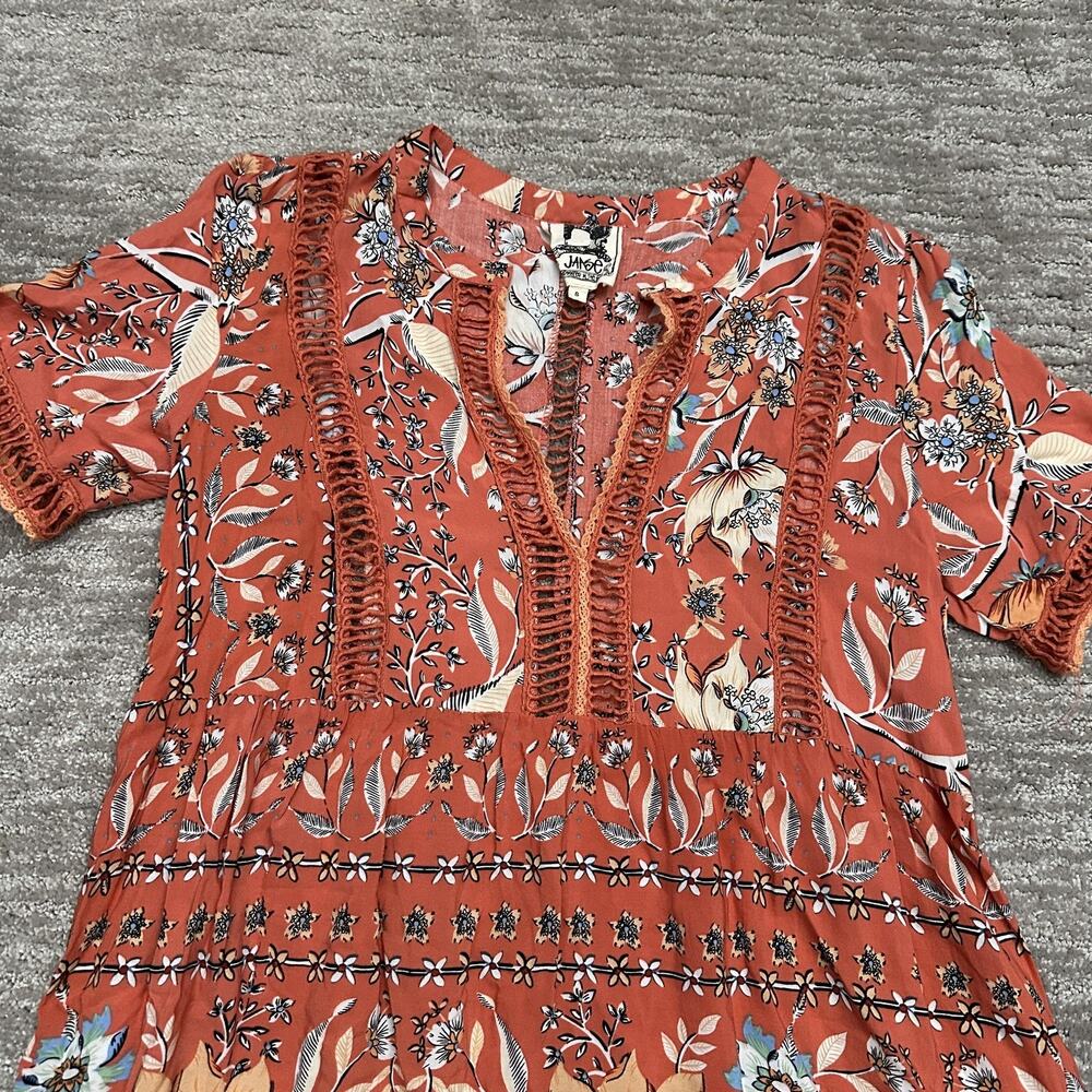 Jaase Dress Womens Small Rust Floral Boho Ruffle Hem Summer Lace Cut Out - Picture 2 of 13
